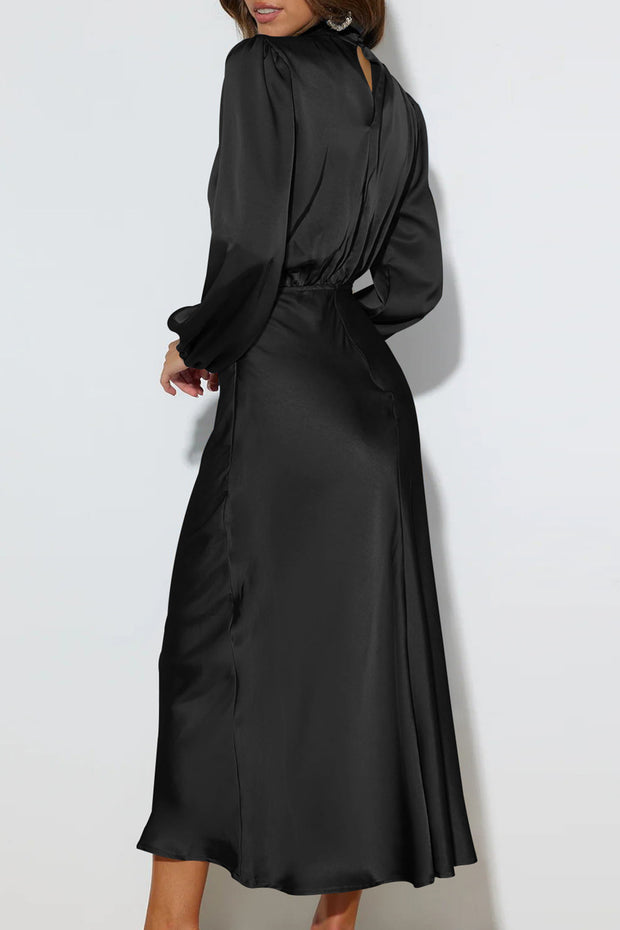Luxurious Satin High Neck Pleated Elegant Long Sleeve Dress