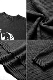 Cat Silhouette Crew Neck Waffle Pullover Jumper Sweater