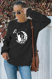 Cat Silhouette Crew Neck Waffle Pullover Jumper Sweater
