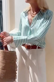 Green Striped Comfort Casual Long Sleeve Shirt