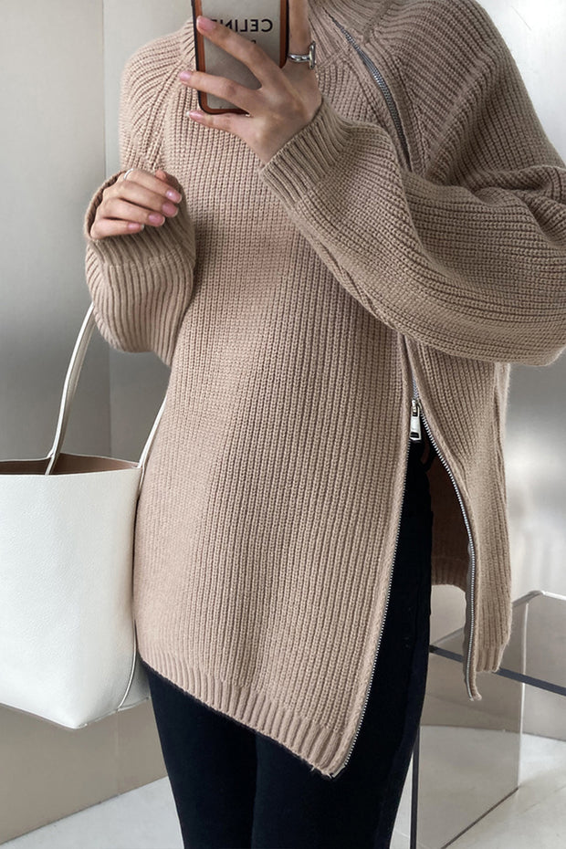 Double Slanted Zipper Slit Turtleneck Sweater-Khaki