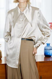 Long Sleeve Point Collar Solid Silk Shirt