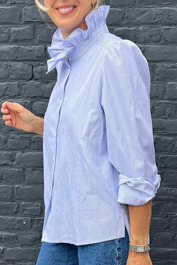 Blue Striped Ruffle Collar Comfortable Casual Long Sleeve Shirt
