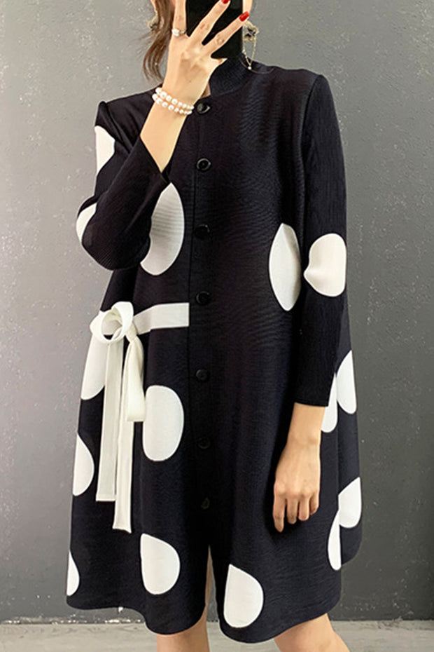 Pleated Polka-dot Tie-Breasted Stand-Collar Cardigan Dress
