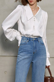 Casual Vintage V-neck Long-sleeve White Shirt