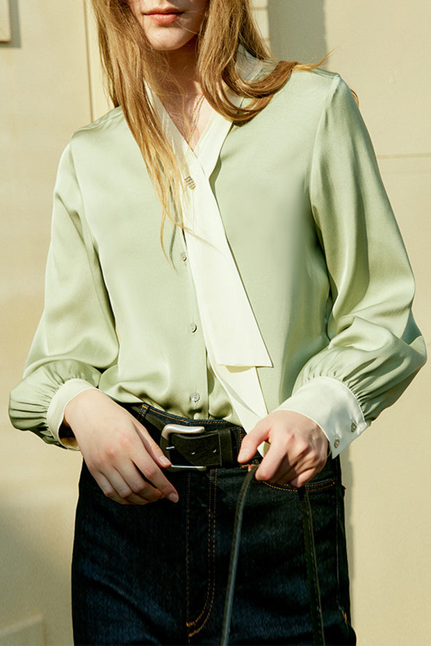 Avocado Green Long Sleeve Long Collar Silk Shirt