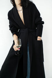 Black Loose Lapel Knit Mid-Length Coat