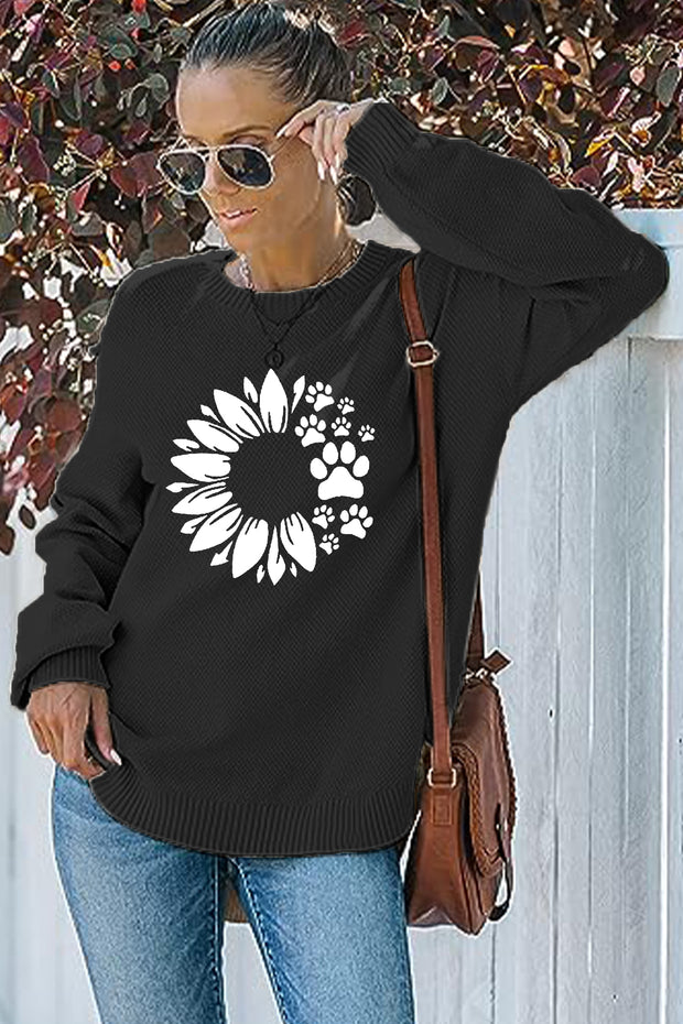 Little Daisy Dog Paw Print Crew Neck Waffle Pullover Jumper Sweater