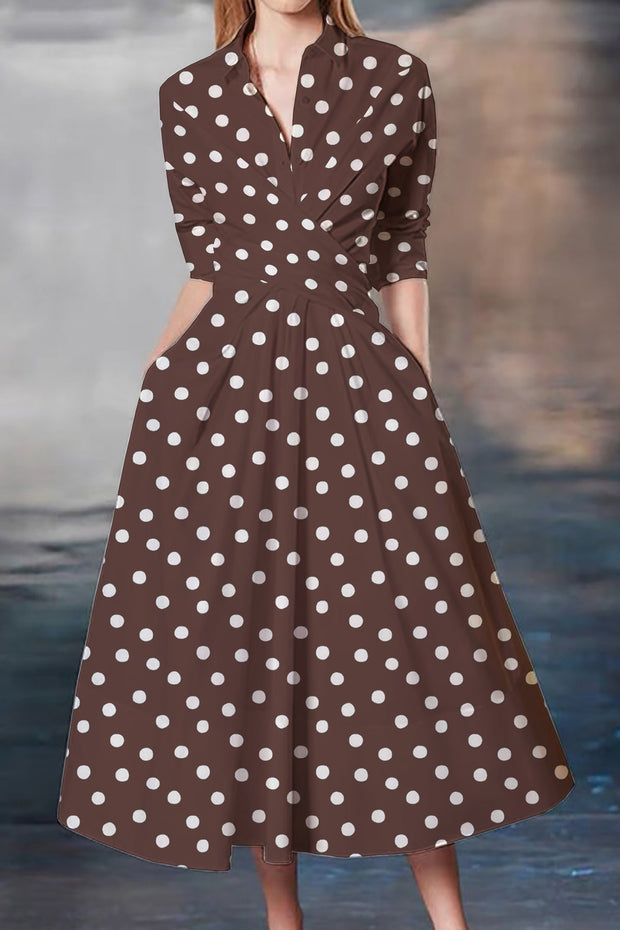 Elegant Irregular Small Polka Dot Print Waist-cinching Umbrella Hem Maxi Dress-Brown
