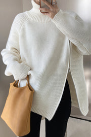 Double Slanted Zipper Slit Turtleneck Sweater-White