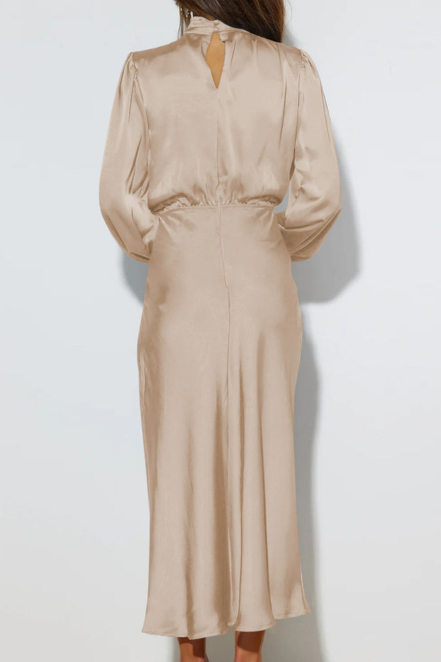 Luxurious Satin High Neck Pleated Elegant Long Sleeve Dress