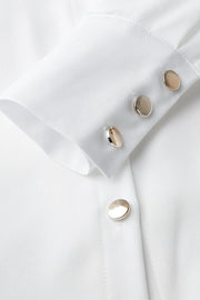 Elegant Long-Sleeved Blouse with Small High Collar and Metal Buttons-White