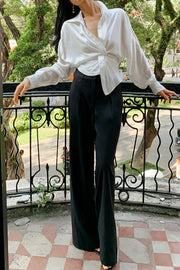White Unbutton Twist Elastic Waist Satin Shiny Silky Shirt