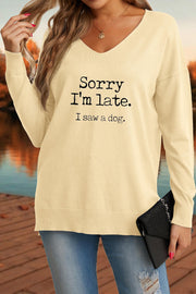 Sorry I'm late. I saw a dog.'V-Neck Side Split Loose Knit Pullover Sweater