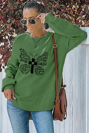 Butterfly Cross Design Print Crew Neck Waffle Pullover Jumper Sweater