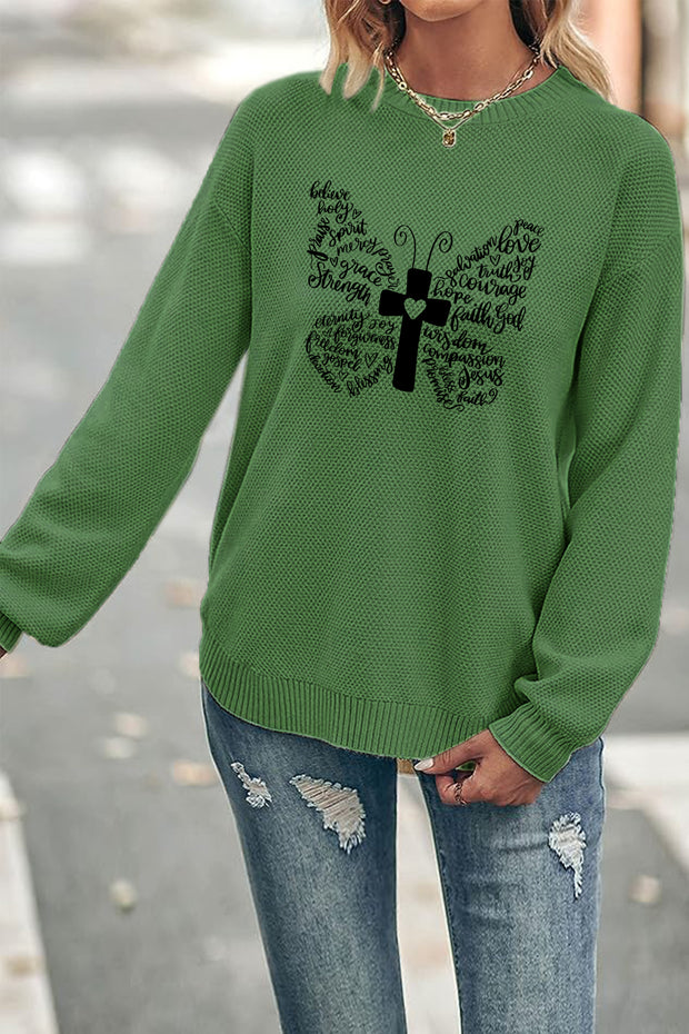 Butterfly Cross Design Print Crew Neck Waffle Pullover Jumper Sweater