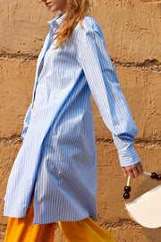 Blue And White Loose Small Turned Stripe Collar Shirt