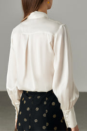 Pearl White Bow Collar Loose Long Sleeve Silk Shirt