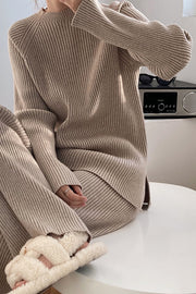 Fashion Split Turtleneck Padded Knitted Sweater Top-Apricot