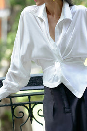 White Unbutton Twist Elastic Waist Satin Shiny Silky Shirt