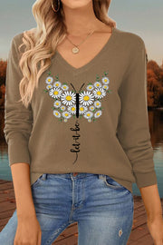 Let it go' Butterfly Daisy Design V-Neck Loose Knit Pullover Sweater