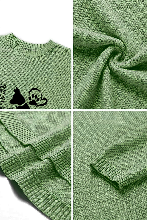 Pet Love Print Crew Neck Waffle Pullover Jumper Sweater