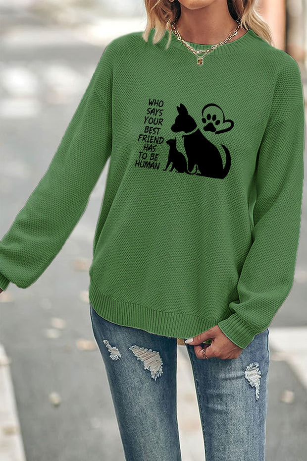 Pet Love Print Crew Neck Waffle Pullover Jumper Sweater