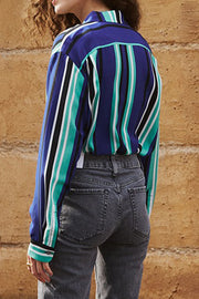 Blue Striped Silk Loose Long Sleeve Shirt