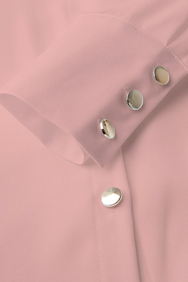 Elegant Long-Sleeved Blouse with Small High Collar and Metal Buttons-Pink