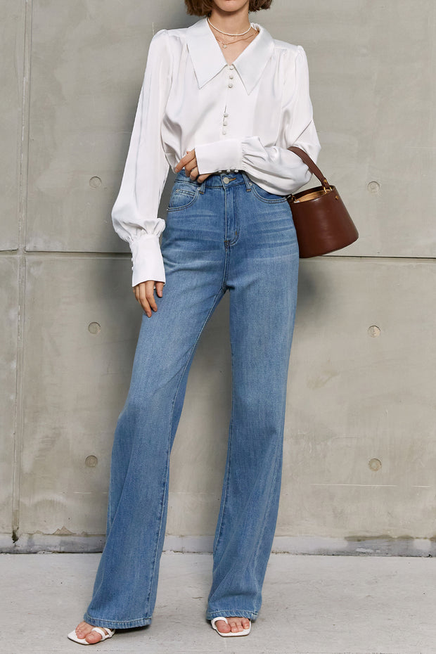 Casual Vintage V-neck Long-sleeve White Shirt