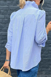 Blue Striped Ruffle Collar Comfortable Casual Long Sleeve Shirt