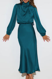 Luxurious Satin High Neck Pleated Elegant Long Sleeve Dress