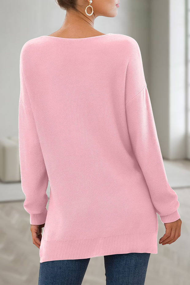 Love Element Print V-Neck Side Split Loose Knit Pullover Sweater