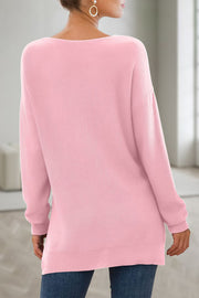 Fresh Floral Print V-Neck Side Split Loose Knit Pullover Sweater