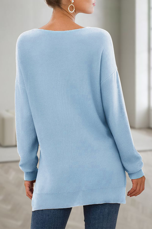 ’YES I'm Cold‘ Leopard Print V-Neck Side Split Loose Knit Pullover Sweater