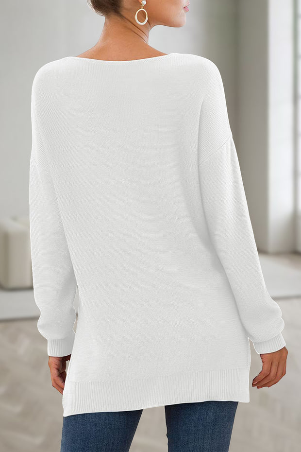 Fresh Floral Print V-Neck Side Split Loose Knit Pullover Sweater