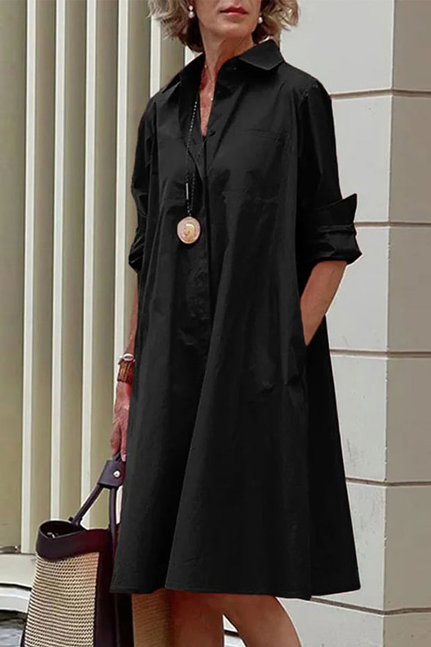 Shirt Dress Long sleeve Plain Simple Dress-Black