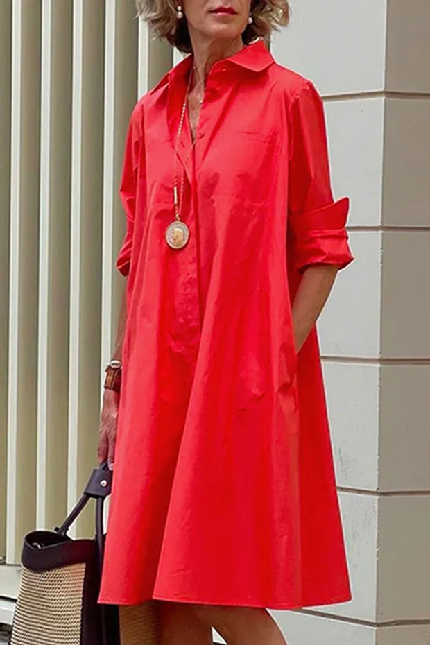 Shirt Dress Long sleeve Plain Simple Dress-Red