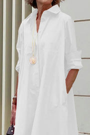 Shirt Dress Long sleeve Plain Simple Dress-White