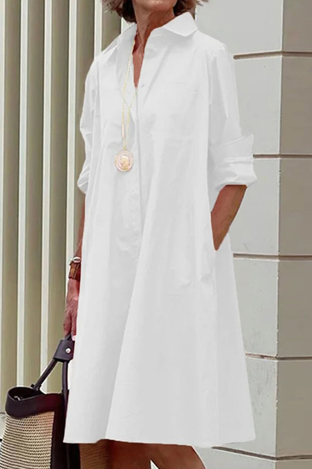Shirt Dress Long sleeve Plain Simple Dress-White
